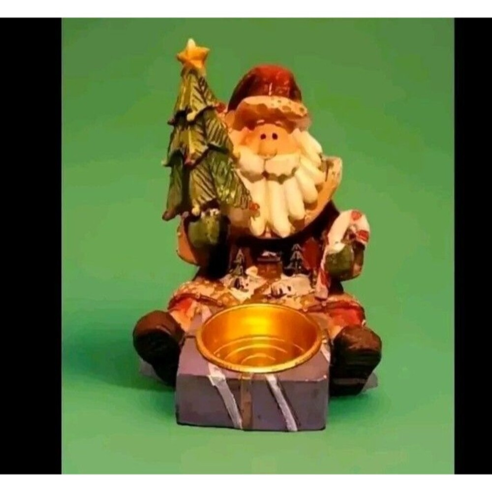 Santa Claus Candle Holder W/ Carving Of North Pole Holding Xmas Tree & Candycane